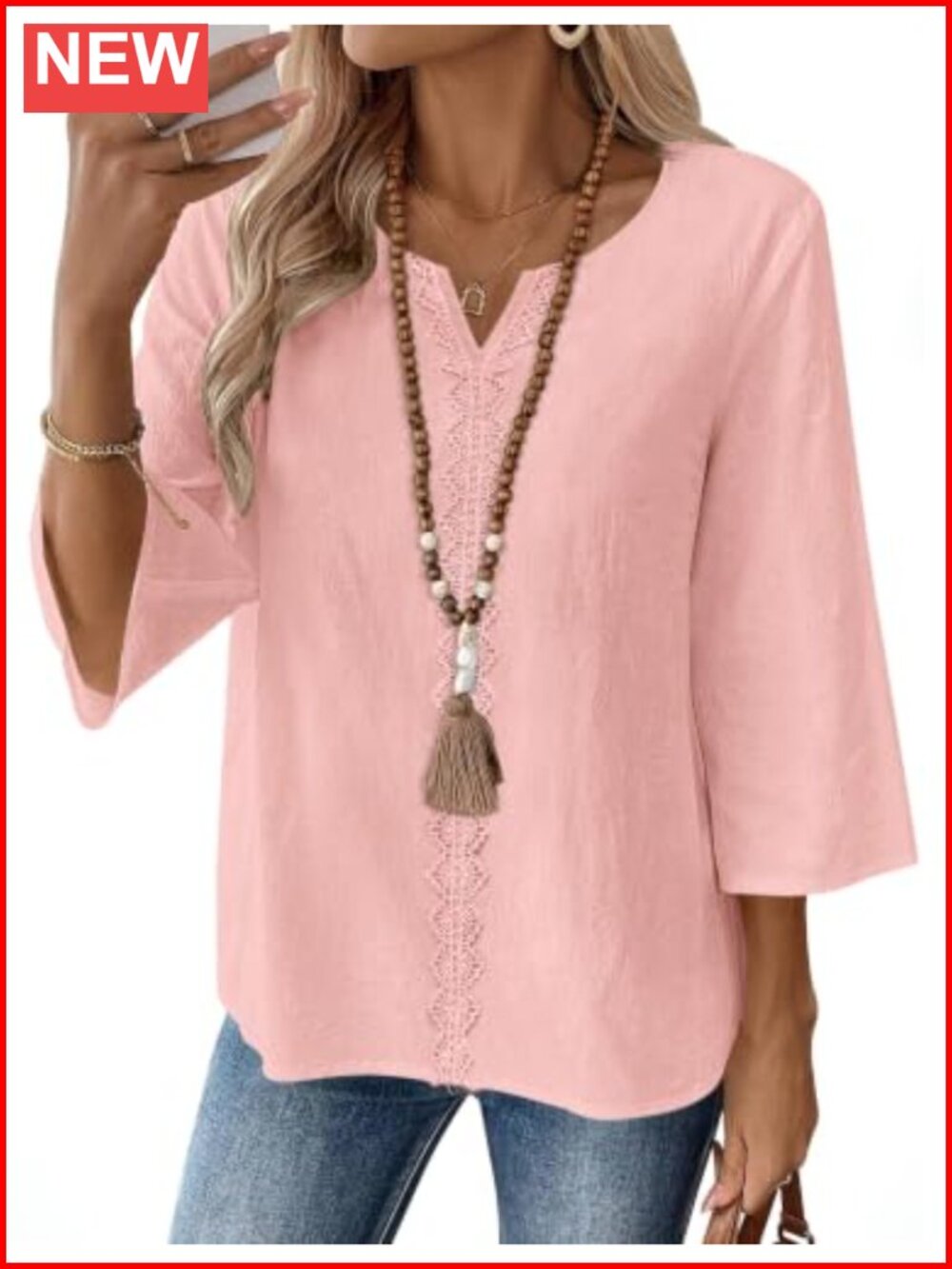 Women's 3/4 Sleeve Cotton Linen Tunic Blouse Boho V-Neck Peasant Top